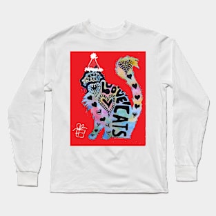 Love Cats Watercolor Painting - Red Christmas Long Sleeve T-Shirt